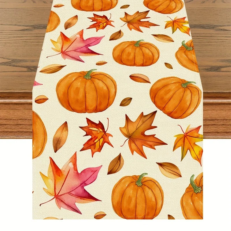 Autumn Pumpkin Maple Leaf Watercolor Table Runner | Fall Décor Table Runner PLUSH A 33X90Cm