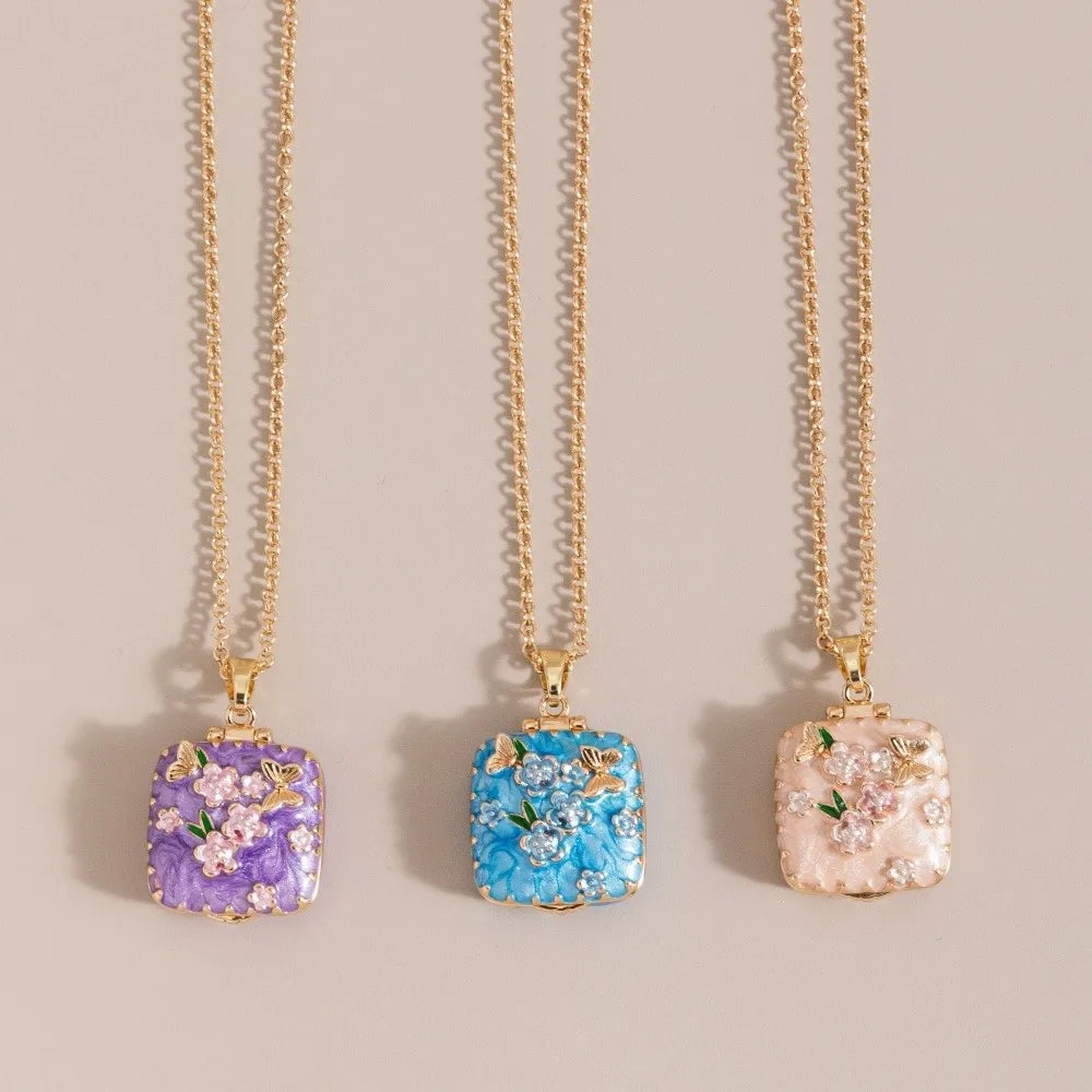 Vintage Square Locket Necklace – Enamel Floral Butterfly Pendant Locket Pendant Necklace PLUSH