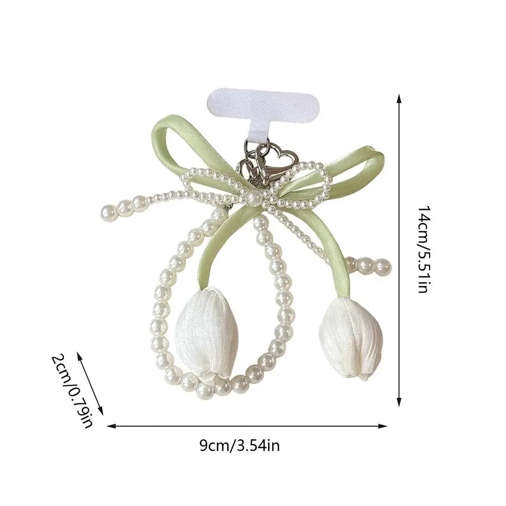 Tulip Beaded Phone Charm Bowknot Pearl Wrist Strap Keychain Phone Charm Keychain PLUSH White