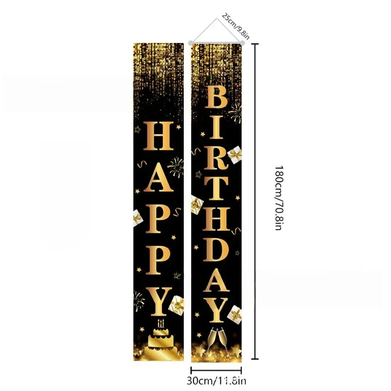 Birthday Door Banner Pair Black Gold – Indoor & Outdoor Decor Party Door Banner PLUSH Polyester Set 3