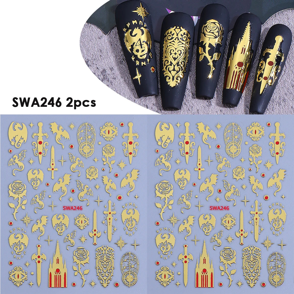 Gothic Dragon 3D Nail Decals – Dark Fantasy Bronzing Stickers 2pk Nail Art Stickers PLUSH SWA246 2pcs