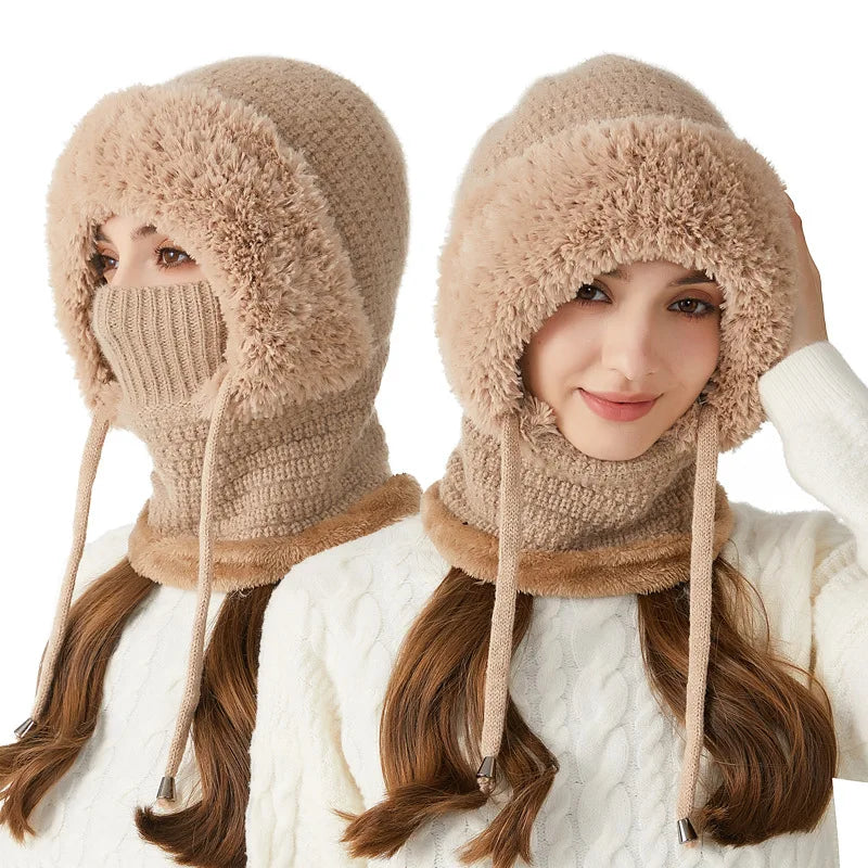 Women's Fleece Lined Knit Balaclava Hat & Neck Warmer Balaclava Hat PLUSH Khaki 3PCS