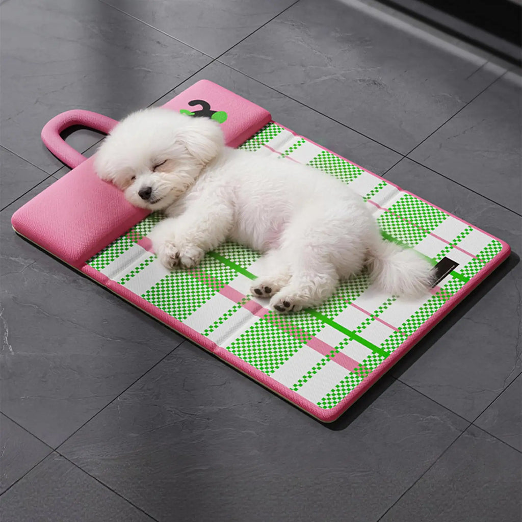 Foldable Double-Sided Cooling Pet Mat with Headrest – Green Pet Cooling Mat PLUSH