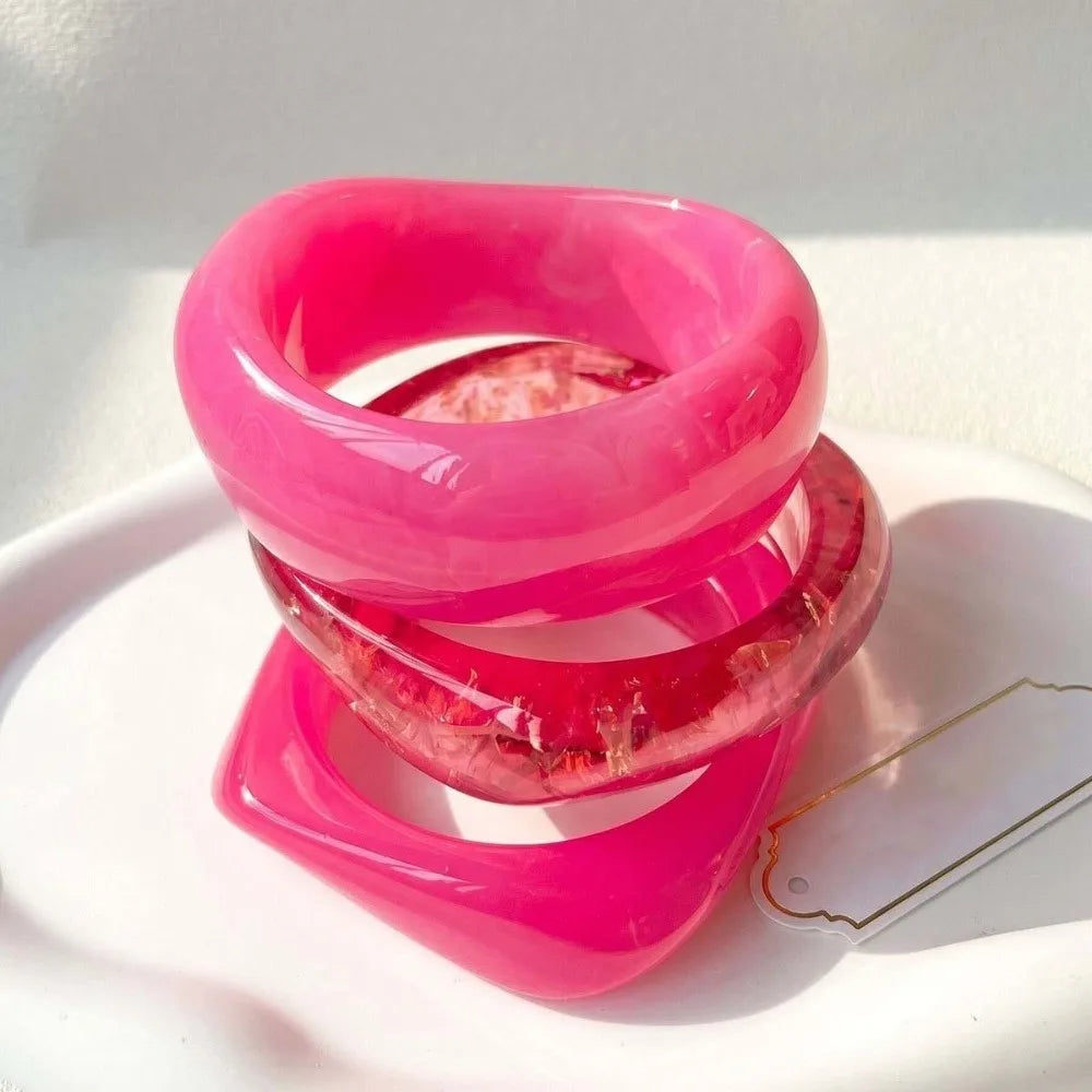 Translucent Resin Bangles – Gradient Marbled Chunky Cuffs Resin Bangle Bracelet PLUSH Rose Red