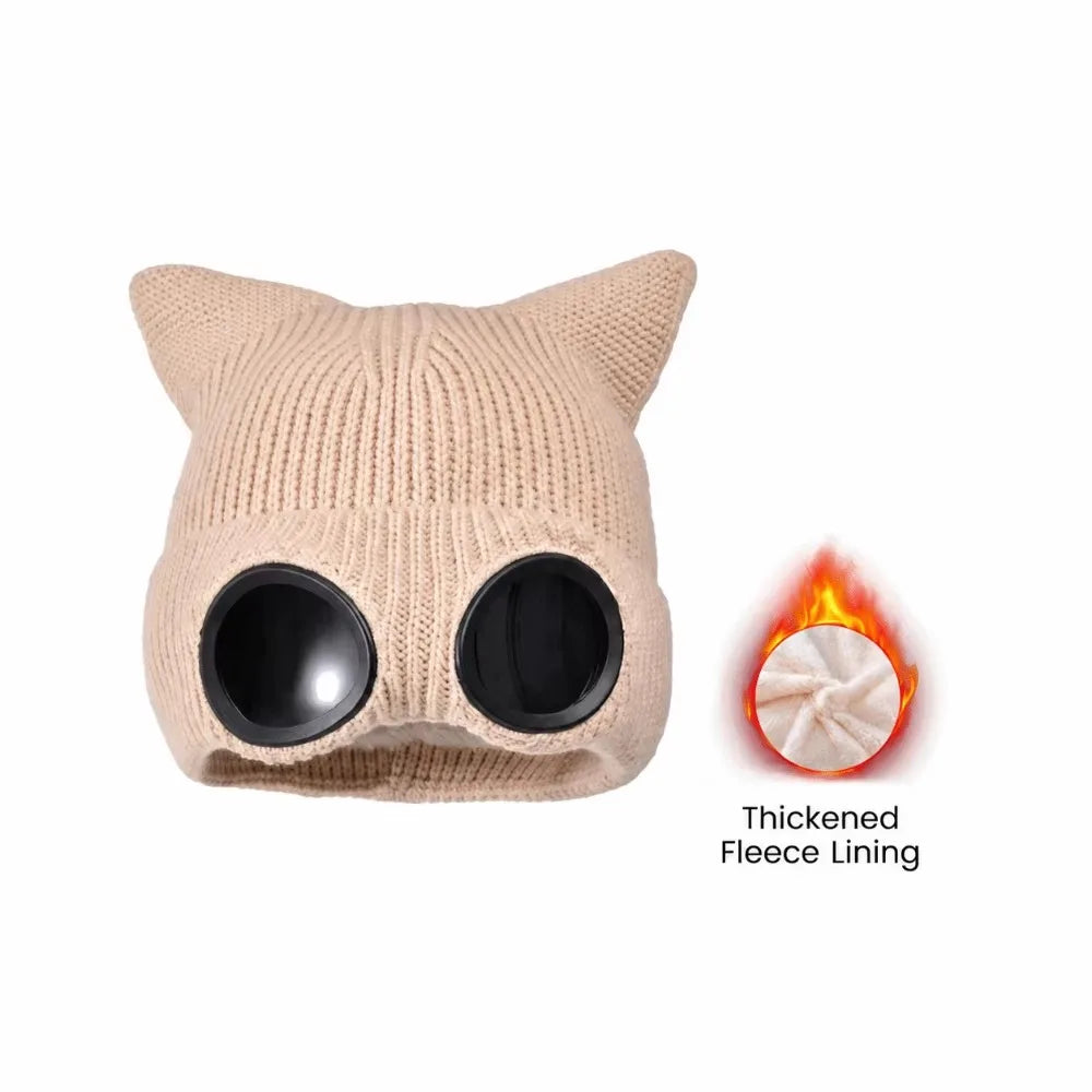 Women's Windproof Knit Ski Mask Hat with Removable Glasses Knit Ski Mask Hat PLUSH Beige
