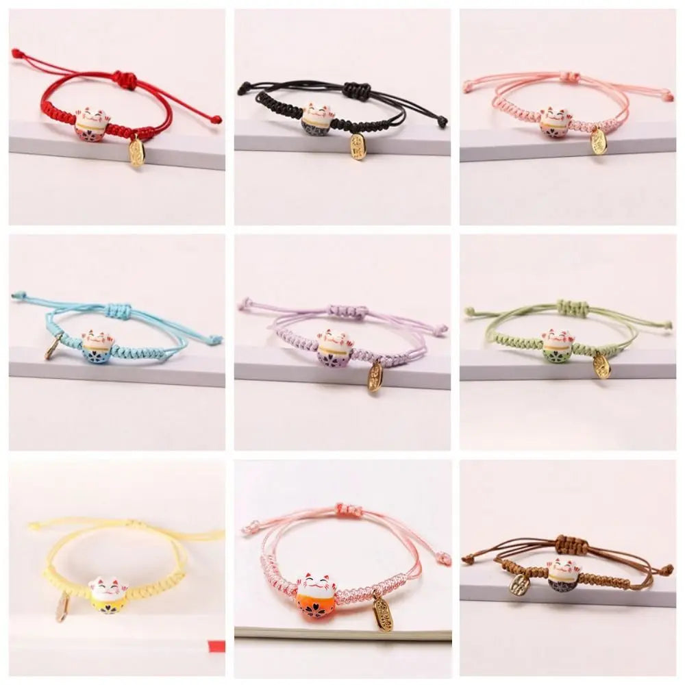 Ceramic Maneki Neko Charm Bracelet – Red Braided Rope Charm Bracelet PLUSH