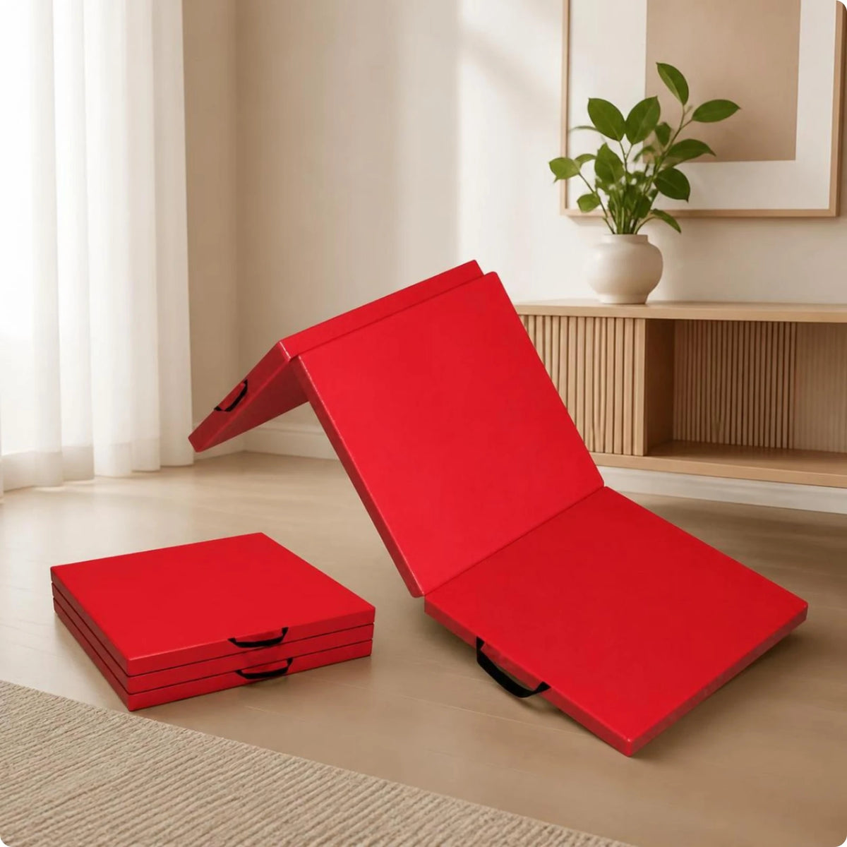 Tri-Fold Exercise Mat 5cm Thick with Handles | Folding Gym Mat Folding Exercise Mat PLUSH Tri-fold 180-60-5c E