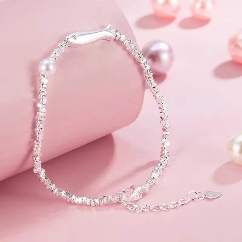 Silver Fish & Imitation Pearl Link Bracelet for Women Fashion Bracelet PLUSH