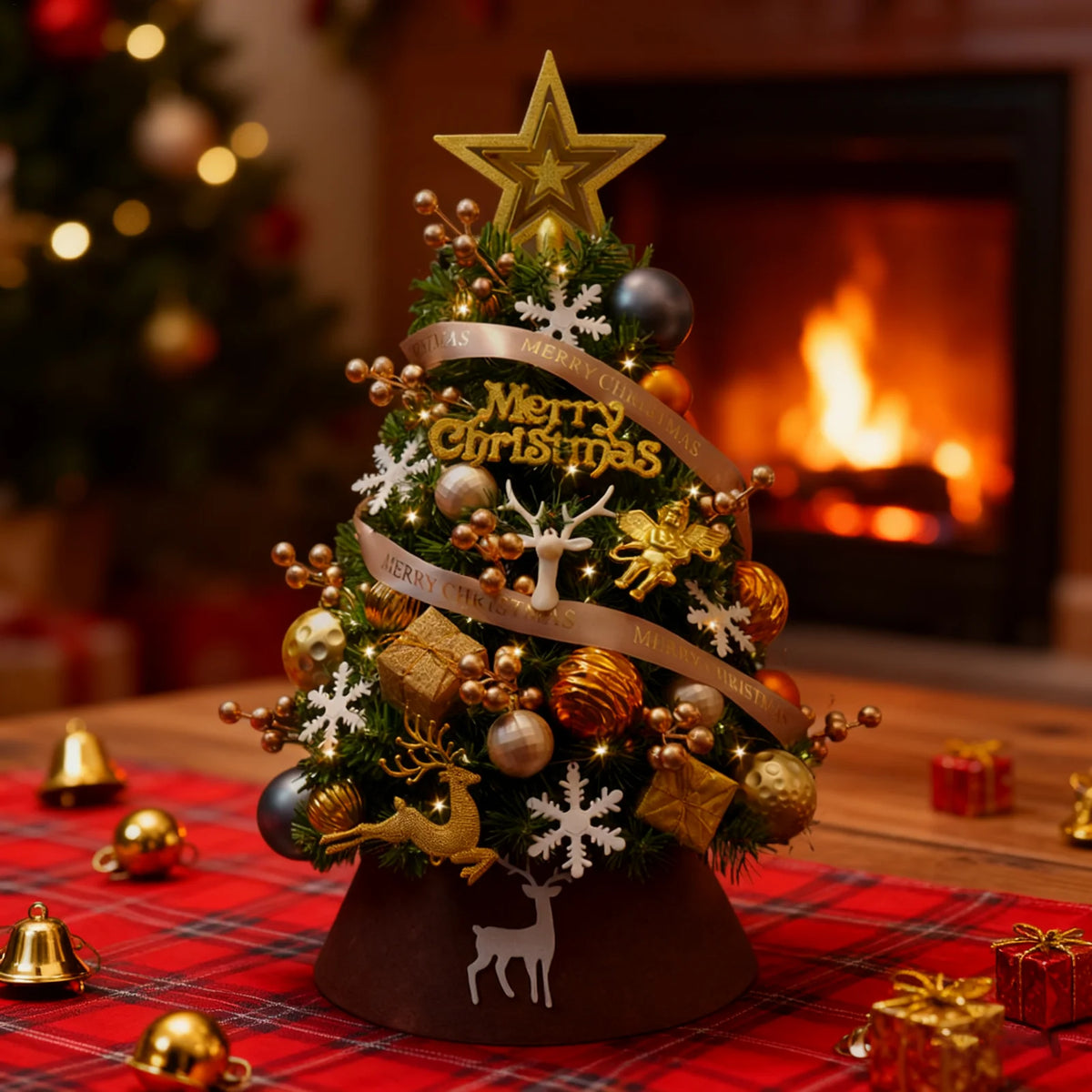 Desktop Mini Christmas Tree with LED Lights & Gold Ornaments Tabletop Christmas Tree PLUSH