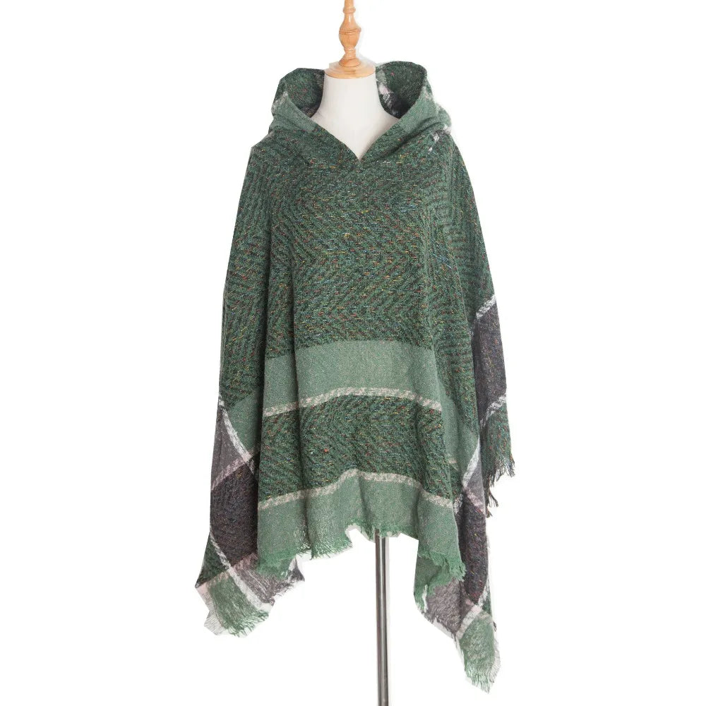 Women's Tassel Hooded Cape Plaid Knit Shoulder Wrap Cloak Hooded Cape Wrap PLUSH Green