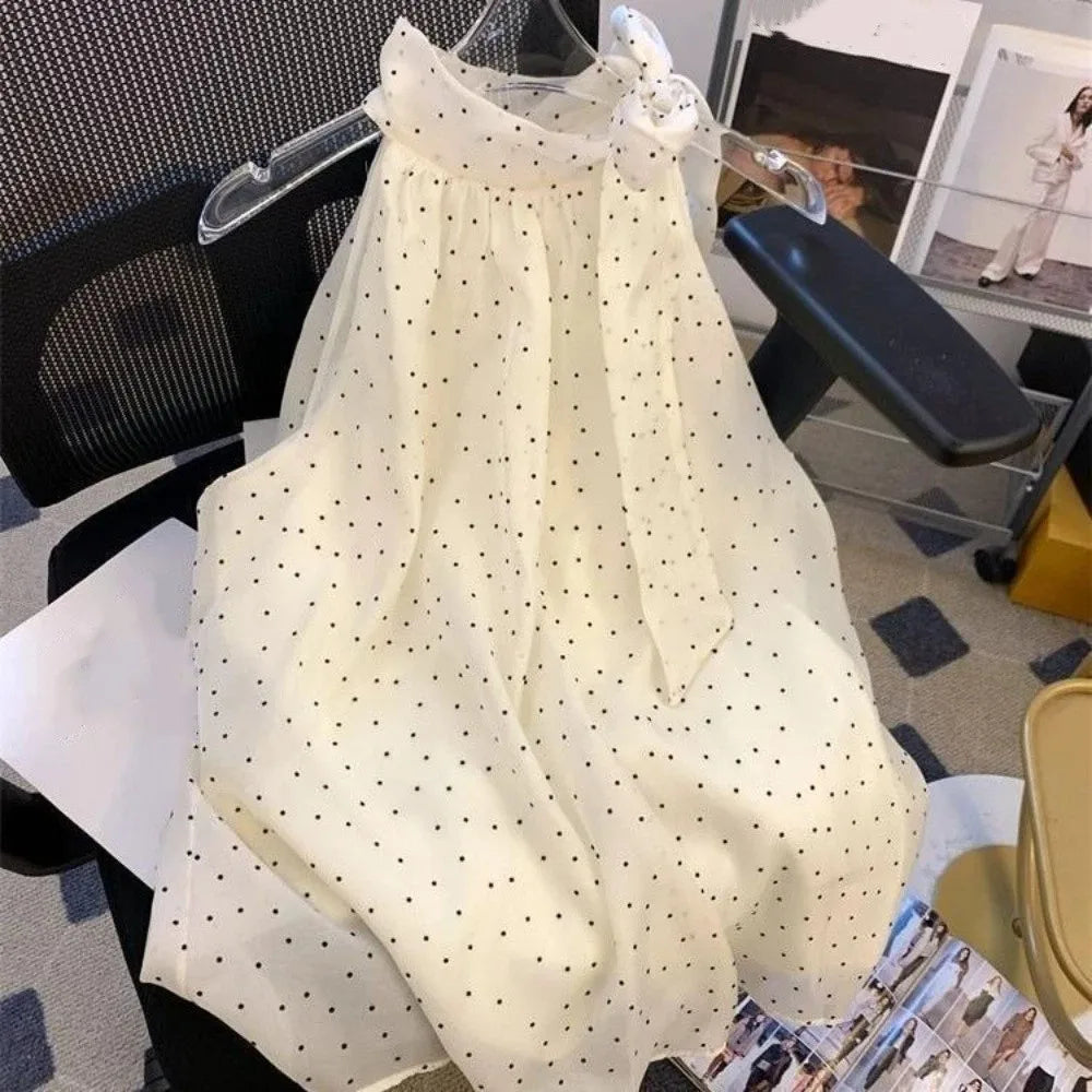 Women's Y2K Polka Dot Bow Sleeveless Chiffon Top | Retro Shirt Sleeveless Chiffon Top PLUSH