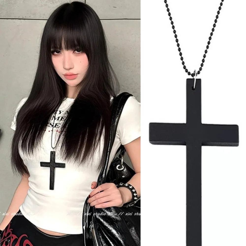 Wood Cross Pendant Choker – Y2K Gothic Punk Necklace Pendant Choker Necklace PLUSH Black
