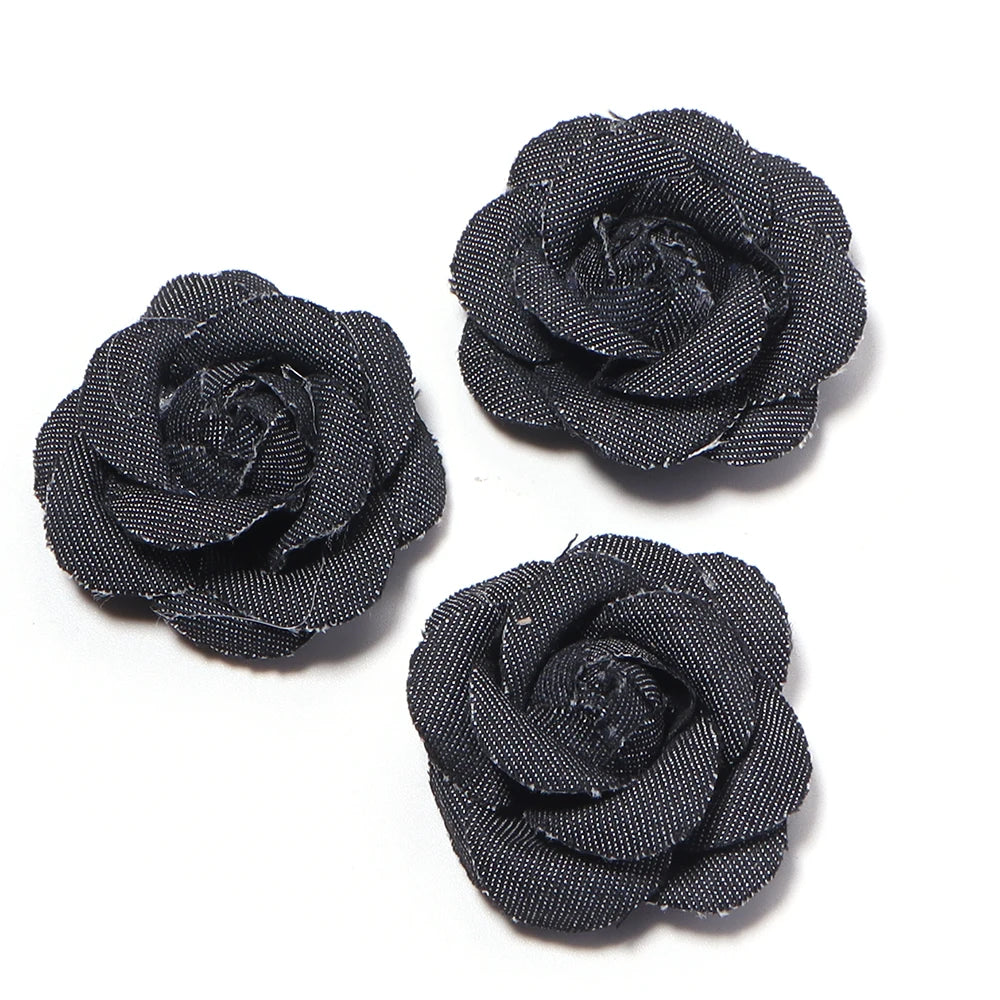 3pcs Denim Handmade Camellia Flowers 4.5cm – DIY Crafts Decor Fabric Craft Flowers PLUSH black