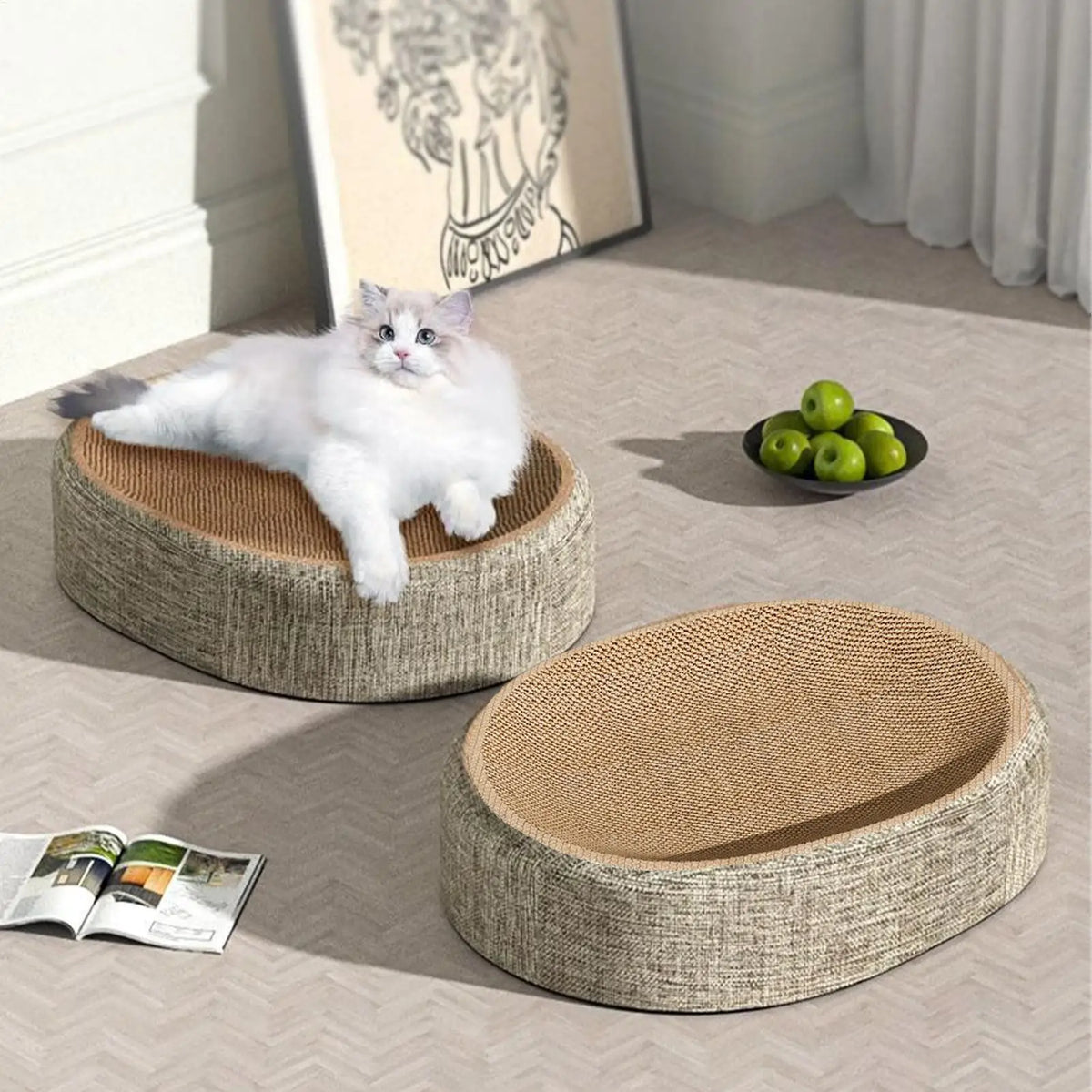 2-in-1 Oval Cat Scratching Board & Cozy Bed – Sisal Pad Cat Scratcher Bed PLUSH