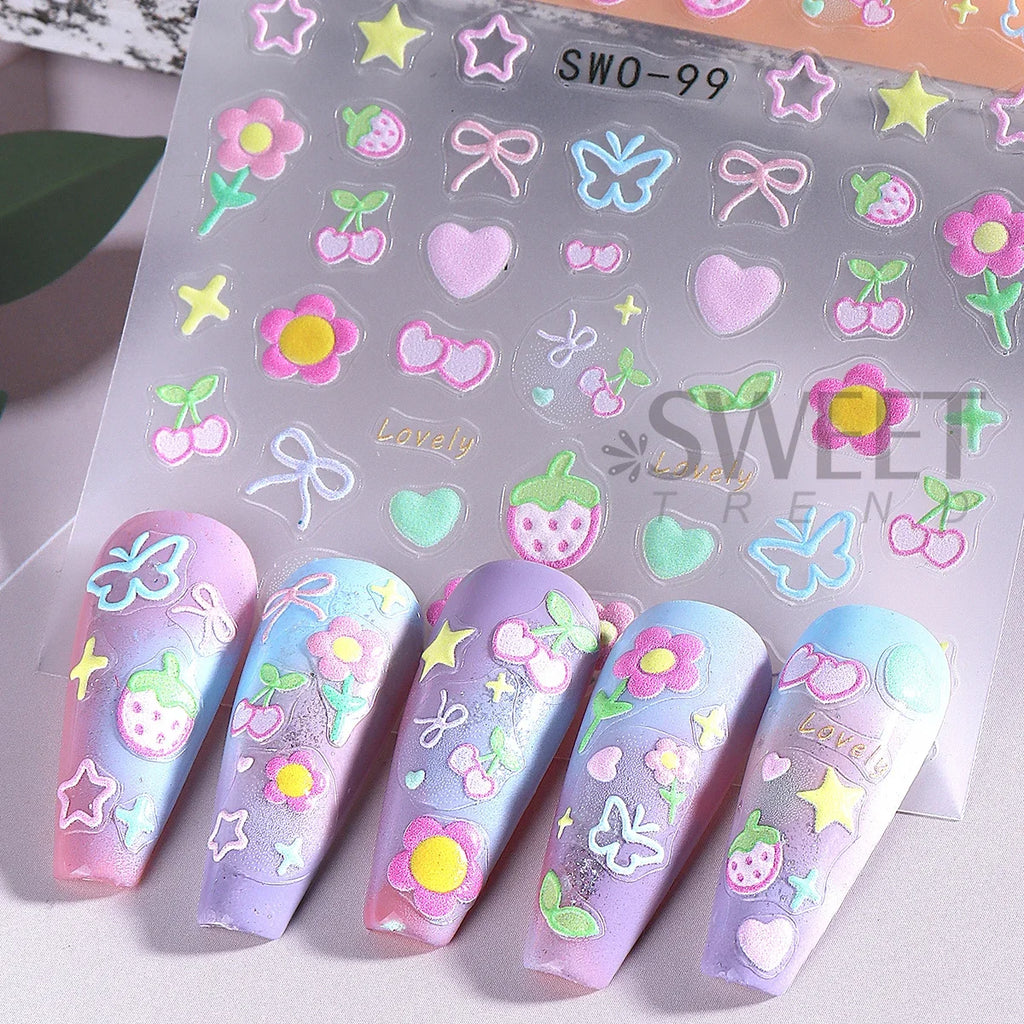 3D Nail Art Stickers – Flower Bow Cherry Butterfly Decals 2pcs Nail Art Stickers PLUSH
