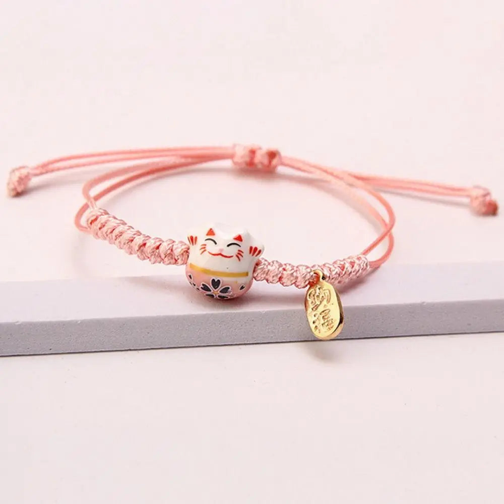 Ceramic Maneki Neko Charm Bracelet – Red Braided Rope Charm Bracelet PLUSH Pink