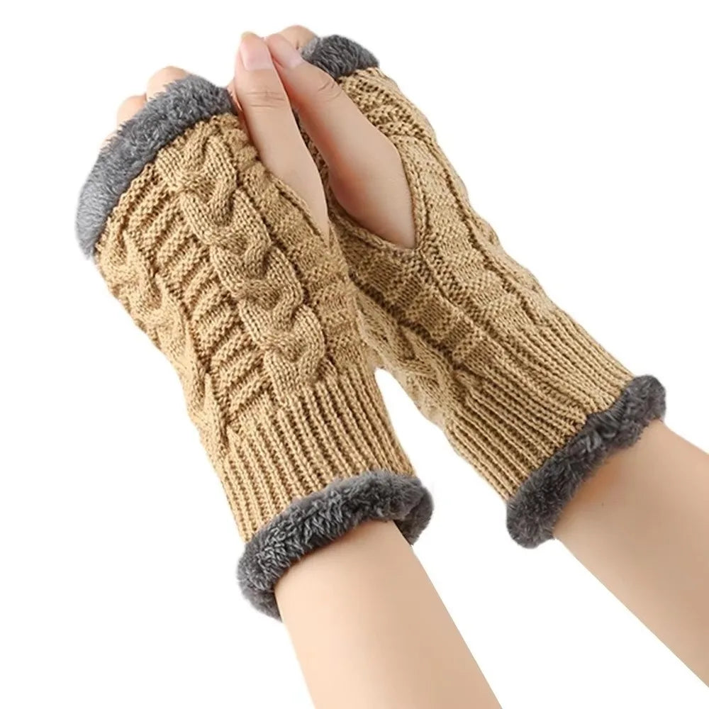 Vintage Knit Fingerless Gloves Faux Fur – Women's Winter Gloves Fingerless Knit Gloves PLUSH Khaki