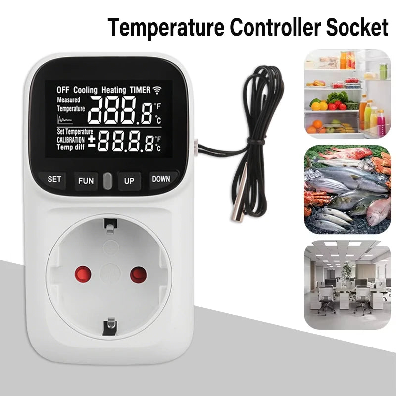 Digital Thermostat Socket EU Plug – Timer, Probe, Heating & Cooling Thermostat Controller Socket PLUSH