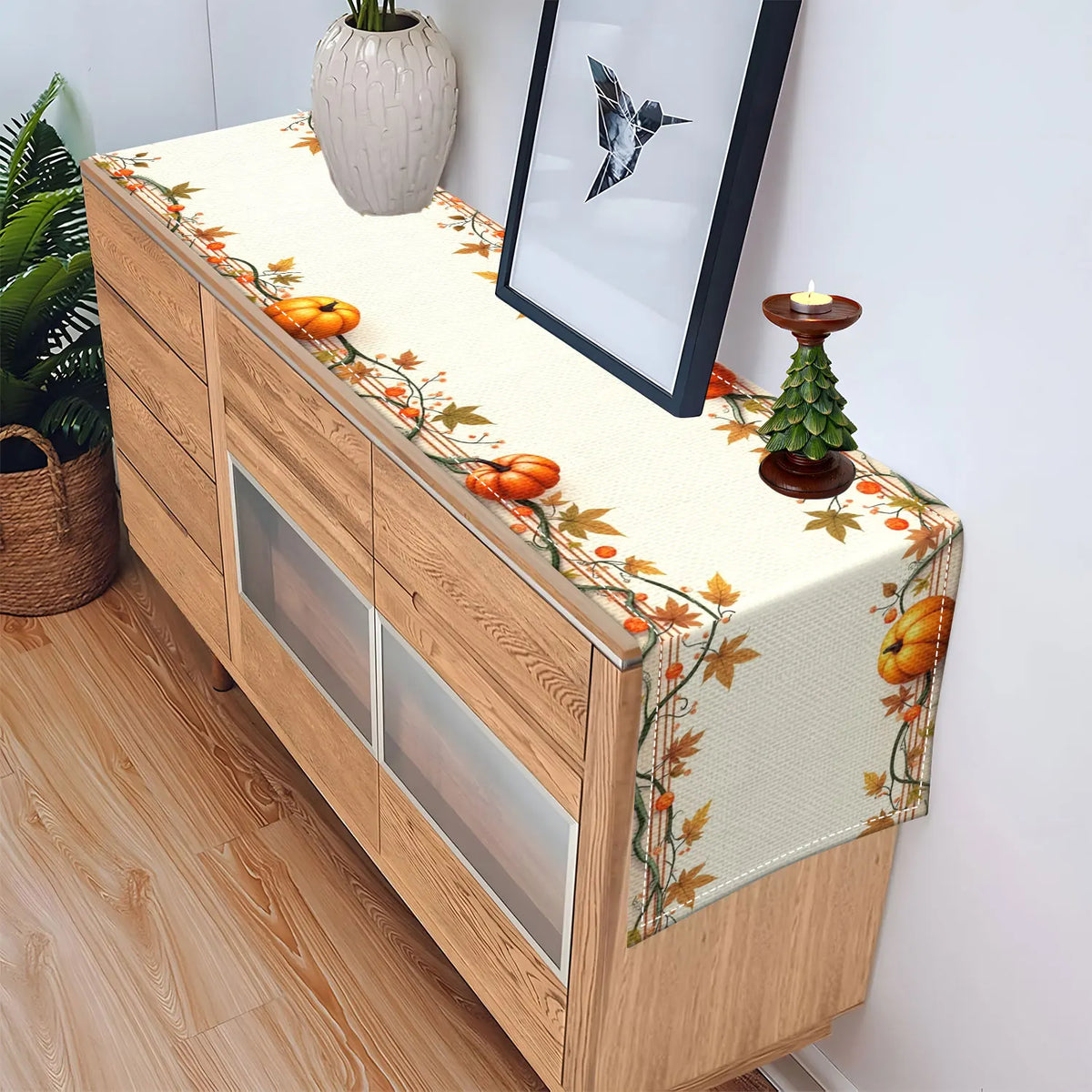 Pumpkin & Autumn Leaf Table Runner | Fall Harvest Decor Table Runner PLUSH