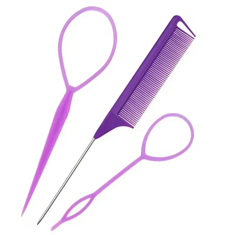 Hair Styling Set – Rubber Bands, Cutter & Rat Tail Comb Kit Hair Styling Kit PLUSH Purple 3Pcs Set