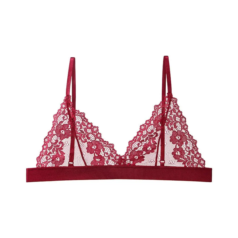 Women's Wire-Free Floral Lace Bralette – Triangle Cup Bra Lace Bralette PLUSH red-S