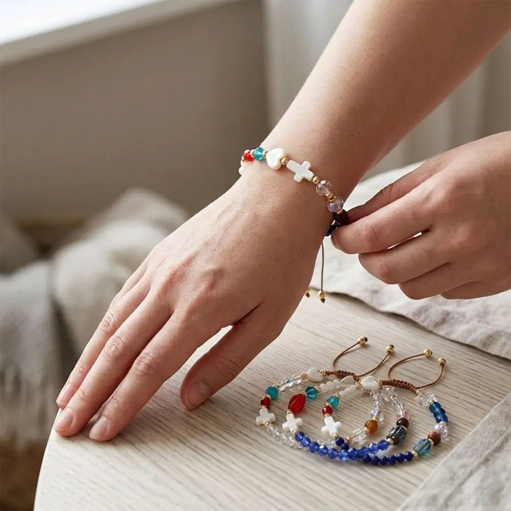 Adjustable Cross Crystal Bead Bracelet – Colorful Boho Bangle Beaded Bangle Bracelet PLUSH