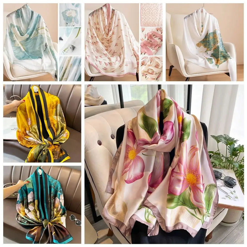 Women's Silk Chiffon Scarf – Lotus Print Shawl Wrap | 180cm Silk Chiffon Scarf PLUSH