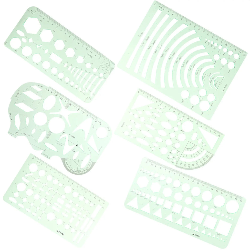 6pc Geometric Drafting Stencil Set – Plastic Metric Rulers Drafting Stencil Set PLUSH