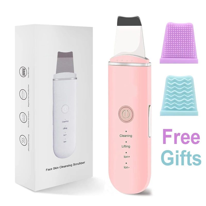 Ultrasonic Skin Scrubber Face Spatula – Cavitation Peeling Tool Facial Cleansing Device PLUSH Pink