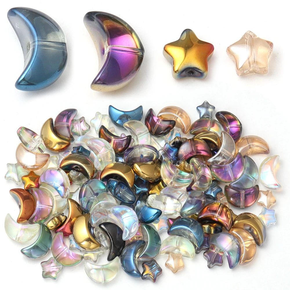 50pcs Star & Moon Glass Spacer Beads – Color Plated DIY Jewelry Glass Spacer Beads PLUSH
