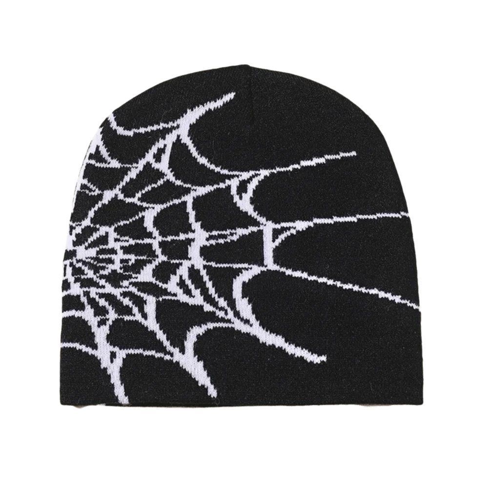Y2K Spider Web Knit Beanie Hat – Cuffed Stretch, Multi Colors Knit Beanie Hat PLUSH Black-White