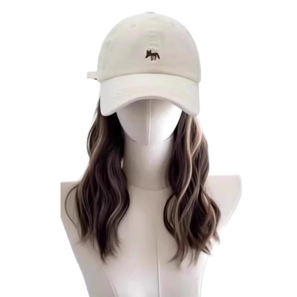 Baseball Cap with Long Wavy Highlight Wig | Korean Style Cap Wig Hairpiece PLUSH Beige-Brown