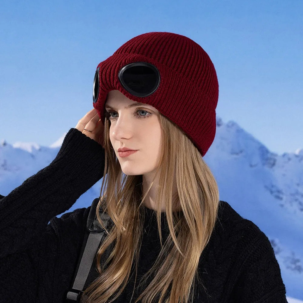 Windproof Knitted Ski Mask Hat with Removable Glasses Ski Mask Hat PLUSH Dark Red