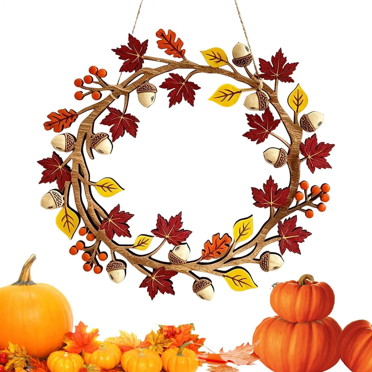 Rustic Autumn Wreath – Maple Acorn Fall Door Décor 11in Seasonal Wreath PLUSH