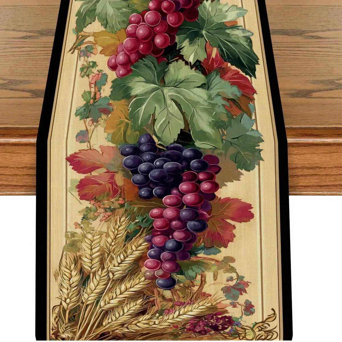 Harvest Table Runner – Grape, Wheat & Leaf Pastoral Print Table Runner PLUSH A 33X90Cm