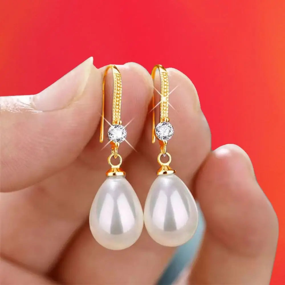 Water Drop Pearl Drop Earrings with Rhinestone Ear Hook Drop Earrings PLUSH gold-water drop