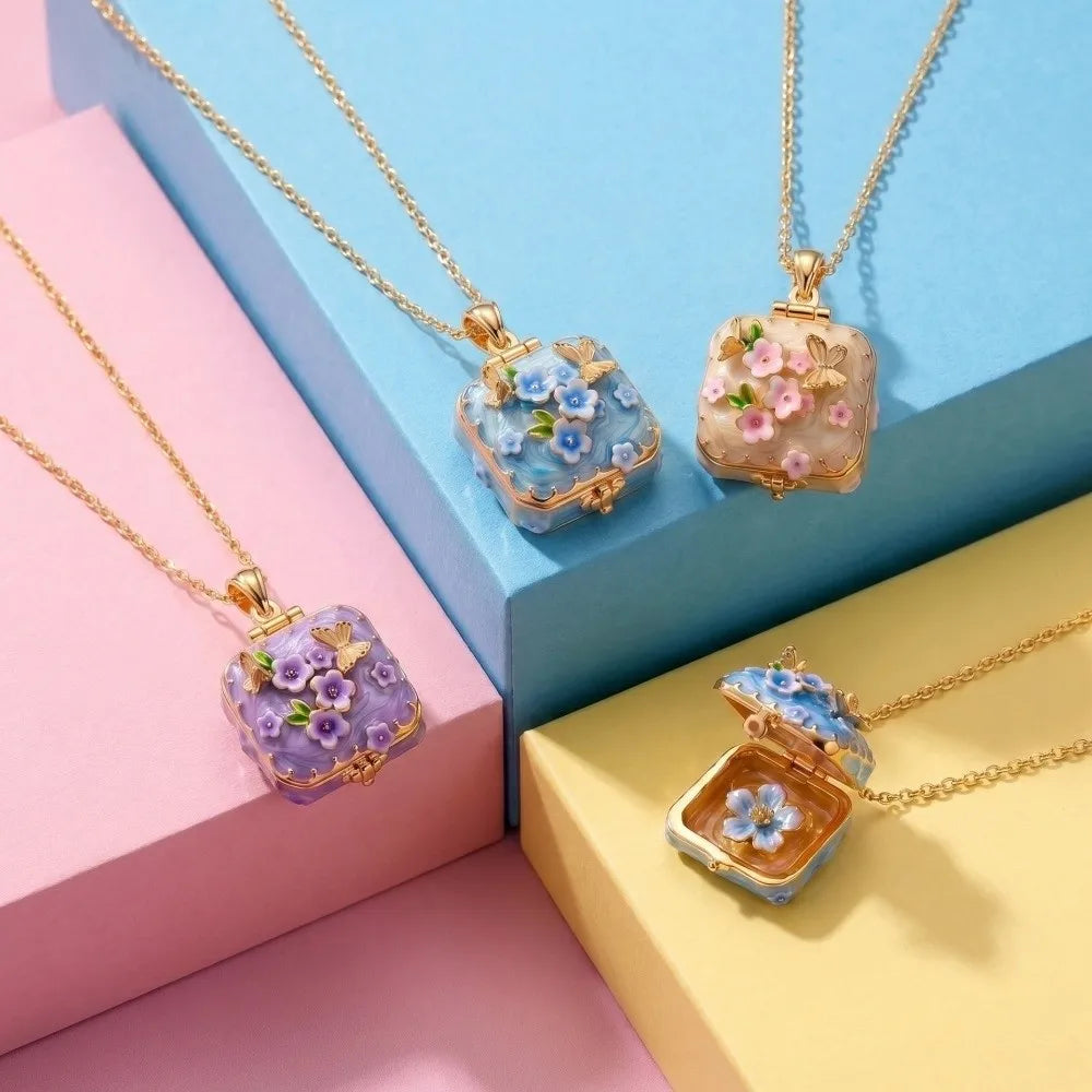 Vintage Square Locket Necklace – Enamel Floral Butterfly Pendant Locket Pendant Necklace PLUSH