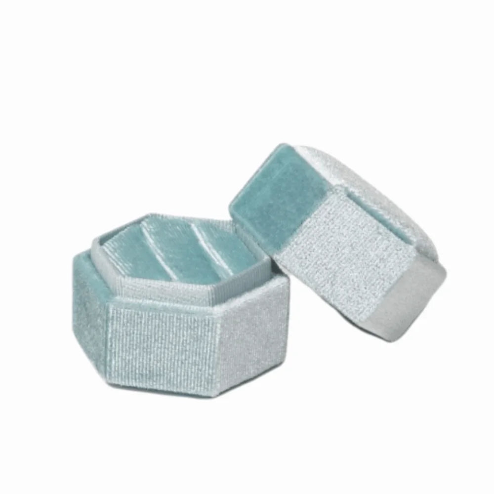 Velvet Hexagon Ring Box – Double Slot Jewelry Display Case Ring Display Box PLUSH Light Blue