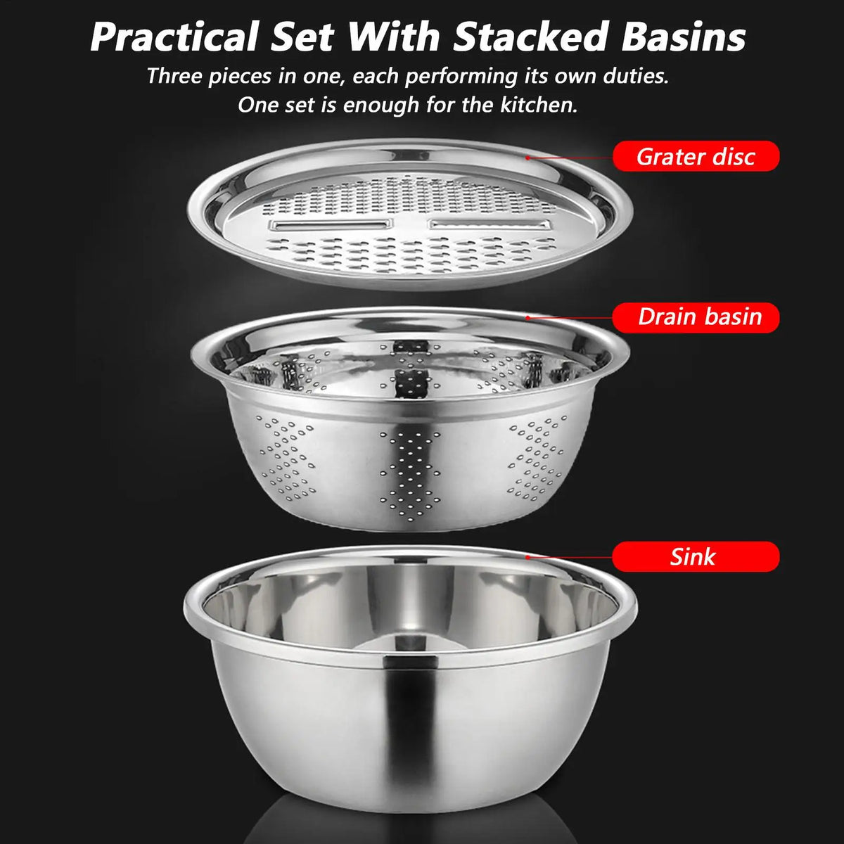 Stainless Steel 3-in-1 Mixing Bowl Set with Grater & Drain Basket Mixing Bowl Set PLUSH