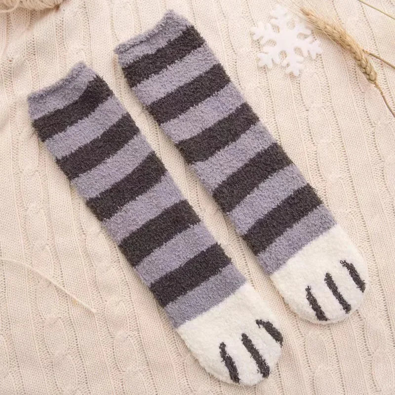 Women's Plush Coral Fleece Cat Paw Socks – 10pc Winter Set Plush Fleece Socks PLUSH Streak Grey One Size