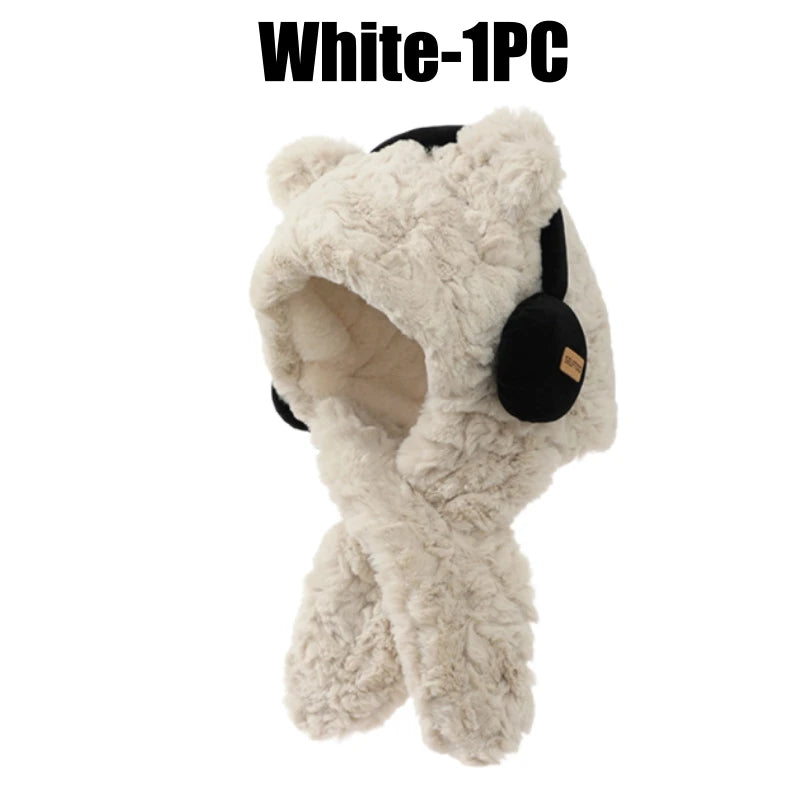 Women's Bear Ear Hat & Scarf Set – Fleece Lined Winter Hood Winter Hat Scarf Set PLUSH White-1PC