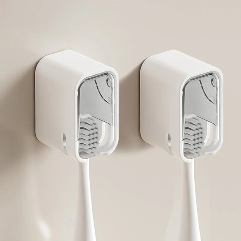 Wall Mount Toothbrush Holder with Dustproof Cover | No Drill Toothbrush Holder PLUSH WHITE