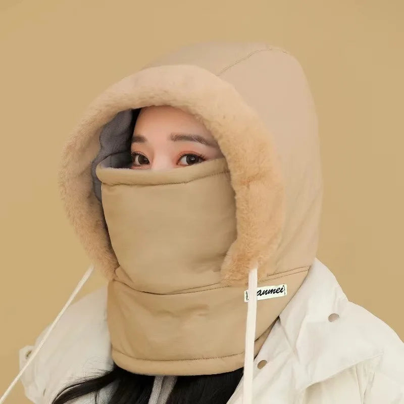 3-in-1 Winter Hooded Hat Face Mask & Scarf – Windproof Warm Winter Hat Set PLUSH Khaki-1PC