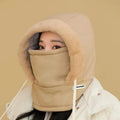 3-in-1 Winter Hooded Hat Face Mask & Scarf – Windproof Warm Winter Hat Set PLUSH Khaki-1PC