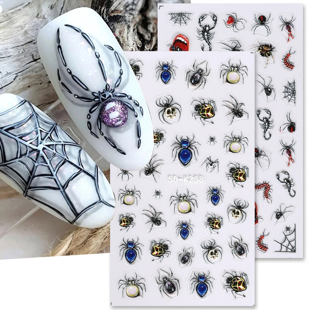 Halloween 5D Embossed Nail Stickers – Spider, Gem & Web Decals Nail Art Stickers PLUSH