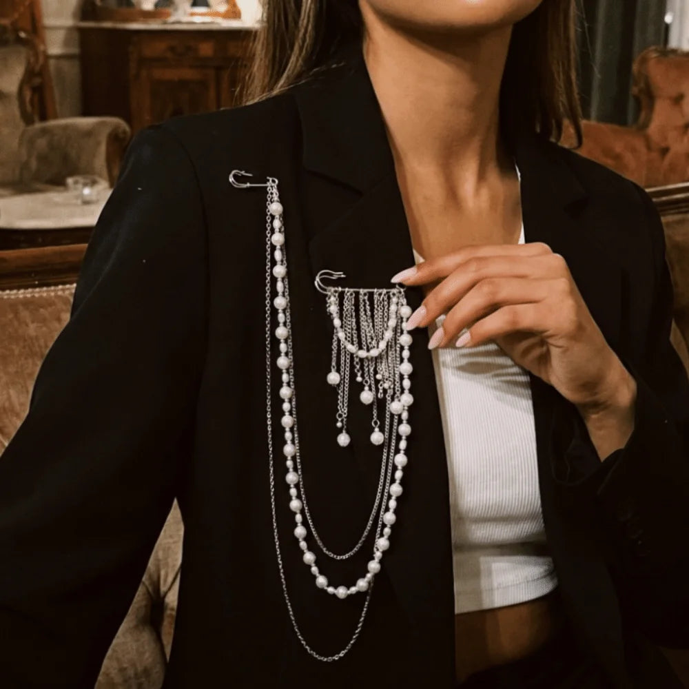 White Pearl Tassel Multi-Layer Chain Brooch | Zinc Alloy Fashion Brooch PLUSH