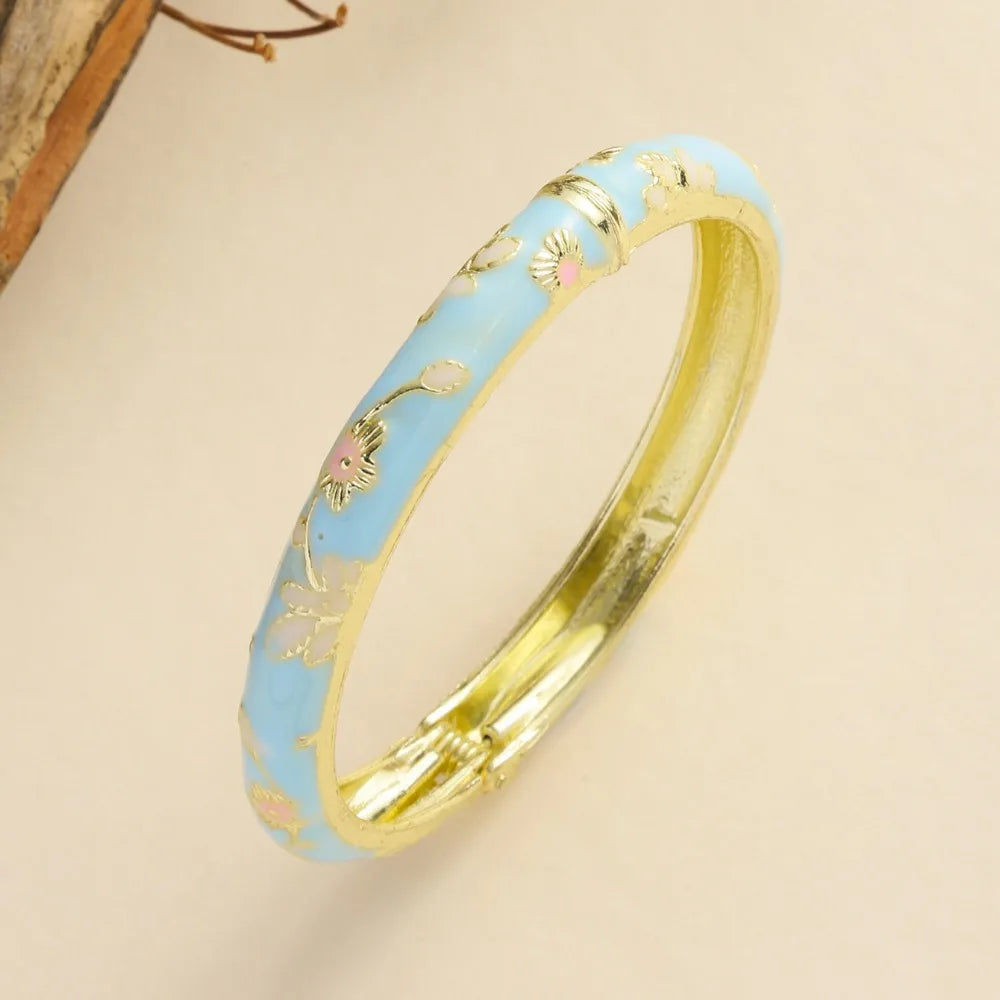 Flower Enamel Cloisonné Bangle – Vintage Filigree Bracelet Enamel Bangle PLUSH Sky Blue
