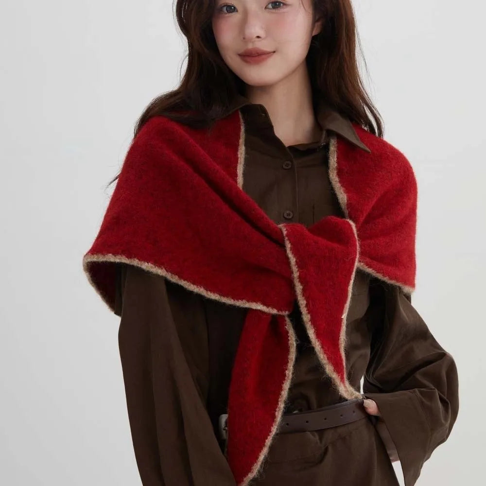 Women's Triangle Shawl Scarf – Soft Knit Wool Blend Cape Triangle Shawl Scarf PLUSH Red