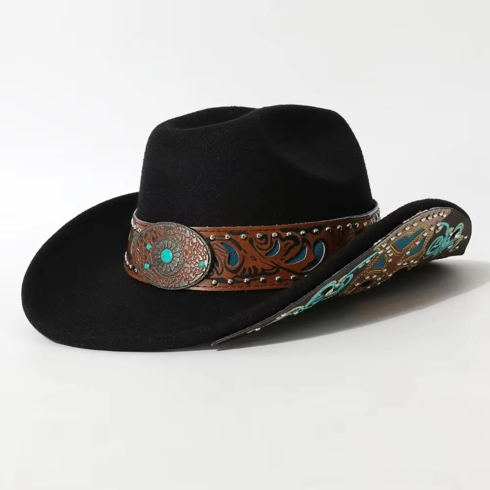 Western Cowboy Hat Turquoise Decor Wide Brim Cowgirl Fedora Western Cowgirl Hat PLUSH Black