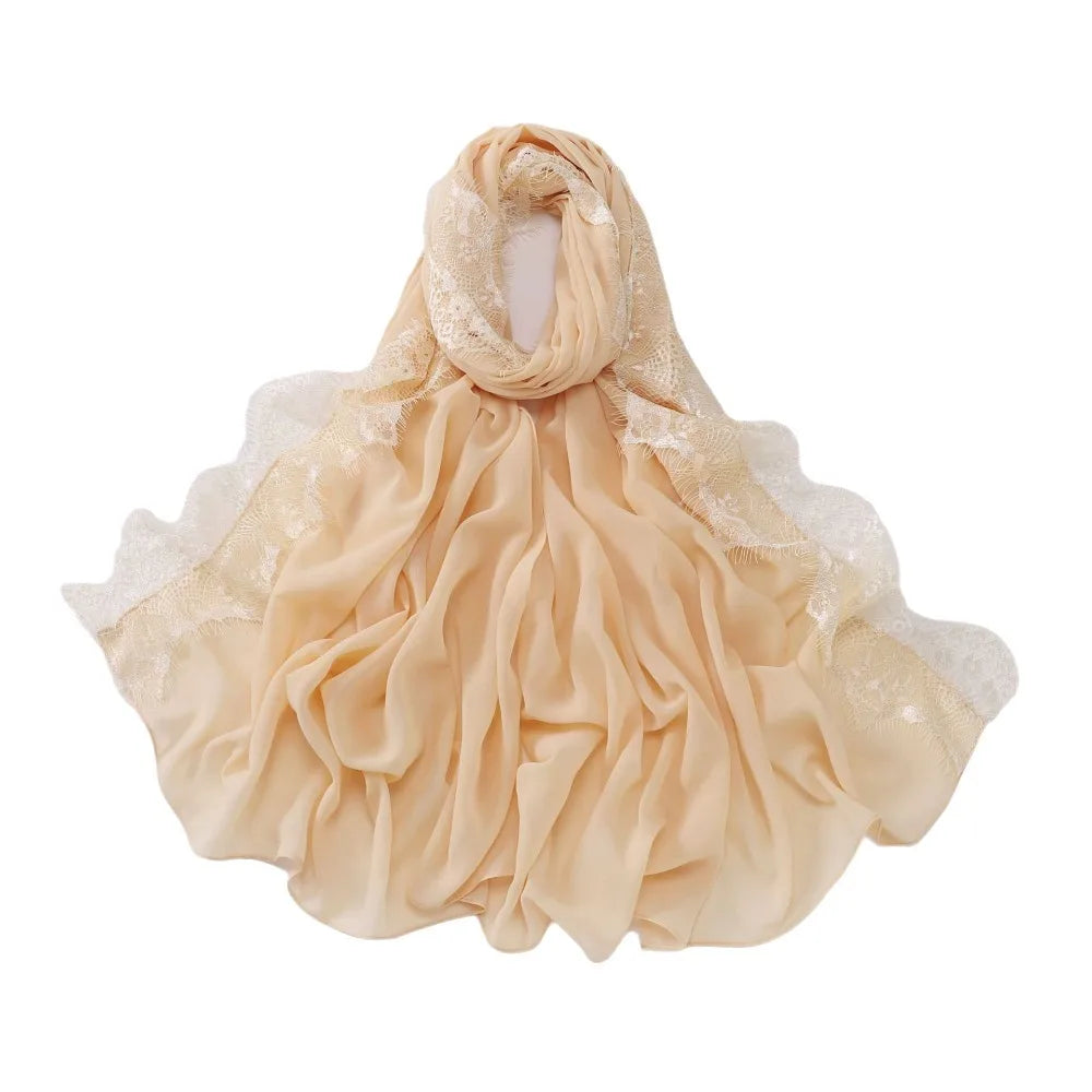 Women's Chiffon Hijab Scarf – Soft Lace Trim Long Shawl Wrap Hijab Head Scarf PLUSH Yellow